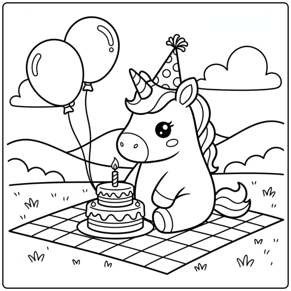 A delightful unicorn birthday coloring page with cake and balloons.